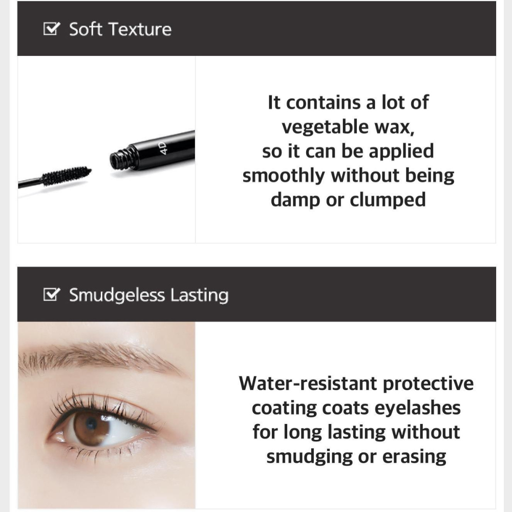 Step-by-step guide showing how to apply Missha 4D Mascara, from curling lashes to final voluminous look